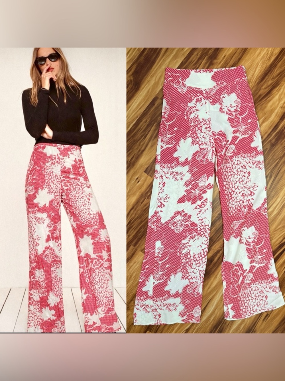 Anthropologie Flynn Skye Red & White Floral Wide-Leg Pants